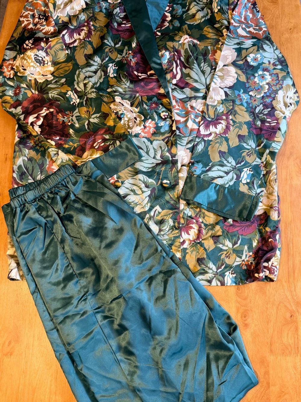 Grace Bishop Green Floral Satin Pajama Set Vintage Style 2pc Loungewear Medium